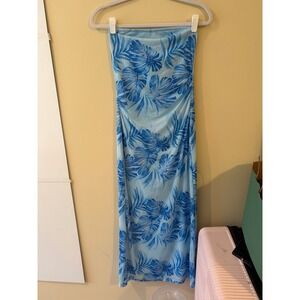 Womens Blue Tropical Palm Mesh Maxi Dress Strapless Ruched Tube Bodycon M